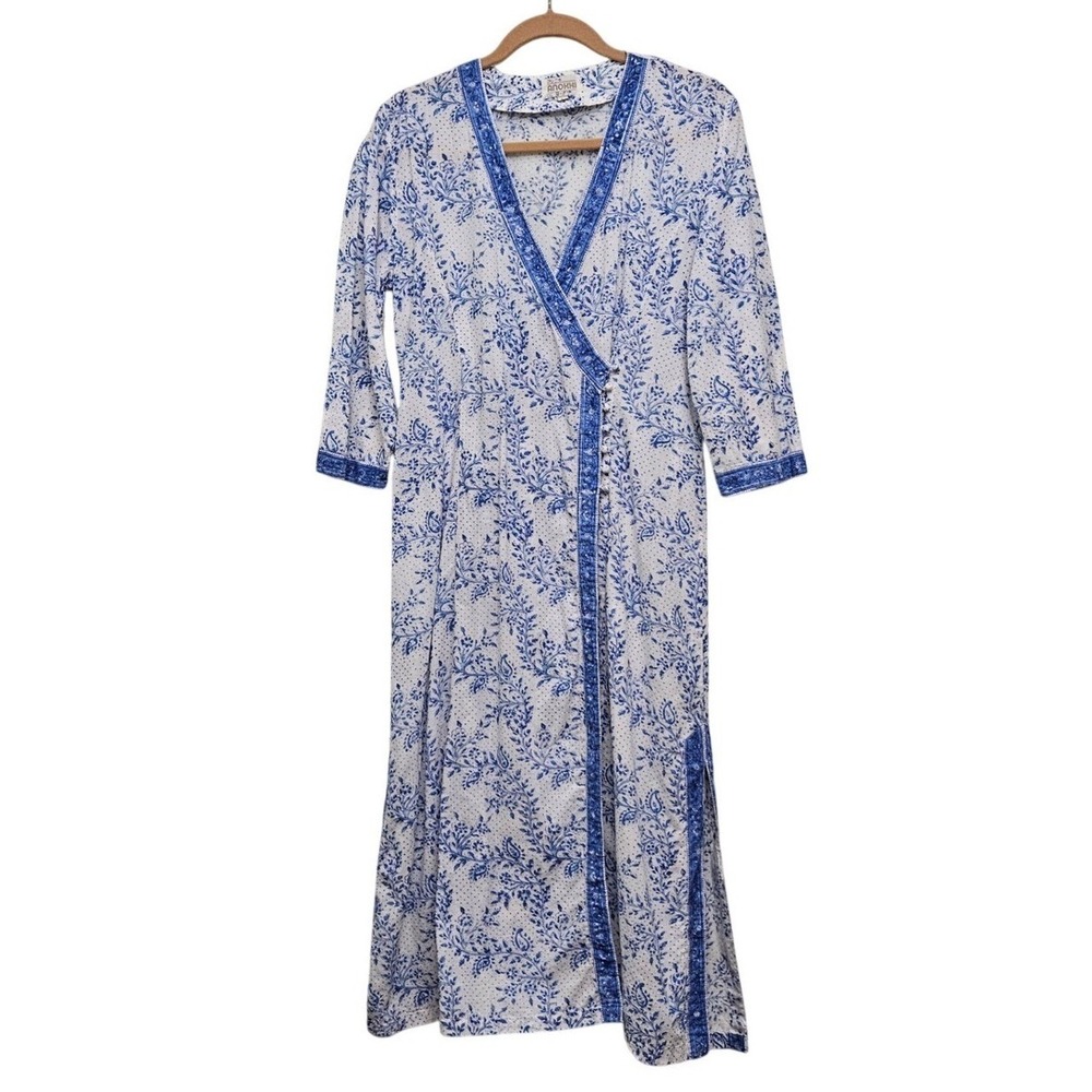 Anokhi Wrap Dress Womens L Blue White Floral Block Print Cotton Midi Boho India